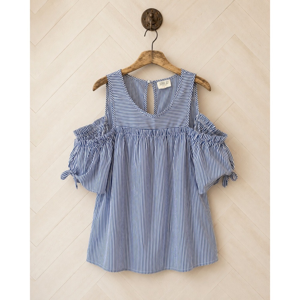 Sienna Sky Blouse Blue White Striped Cold Shoulder‎ Tie Sleeve Small 02CT1258